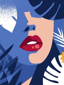 Close-up illustration of woman's red lips and partial face in modern abstract pop art style. Concept of beauty, sensuality, and modern art aesthetic