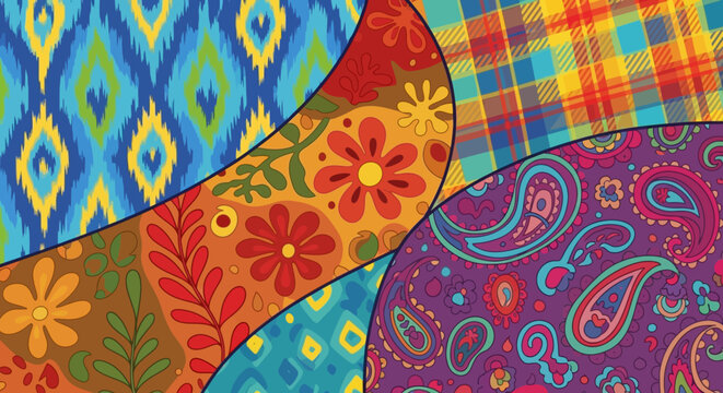 Vibrant Collage of Bohemian Fabric Patterns and Textures.