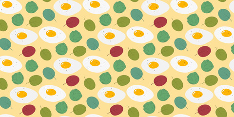 Greens Brussels Sprouts and Fried Eggs Seamless Pattern Healthy Food Minimal Backdrop Banner Format. Isolated Vector illustration Healthy Eating Themed Cards Menu Banner, leaflet, label, price, poster