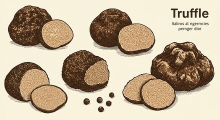 Artistic depiction of black truffles, some halved, illustrating texture, showing detail, on neutral background