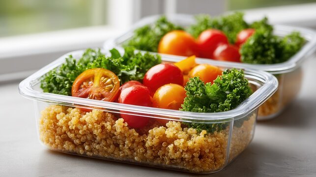 A vibrant quinoa salad featuring cherry tomatoes and leafy greens in clear containers, perfect for meal prep or healthy eating.
