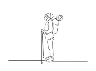 Obraz premium Hikers trekking outdoors with backpacks outline draw illustration. Continuous line art drawing of Mountain climbers trekking with sticks. Editable stroke.