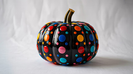 Unique black painted pumpkin covered in bright multicolored polka dots, creating a fun, modern decorative object.