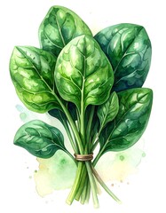 Bunch of fresh, vibrant green spinach, watercolor style, white background