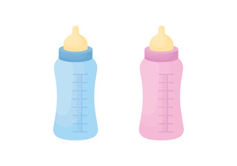 A baby bottle for formula, isolated on a white background, for a girl and a boy. Baby items. Blue and pink baby bottles.