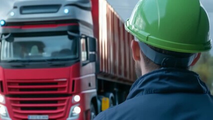 A Vigilant Observer: A construction worker in a safety helmet oversees a large delivery truck, highlighting industrial logistics and meticulous transport management.
