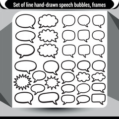 Hand-drawn speech bubble set, doodle message frames, sketch style.