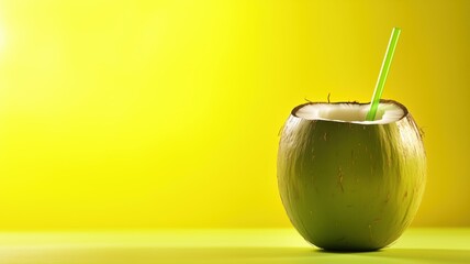 Coconut drink in coconut shell with green straw on yellow background &mdash; ideal for tropical, summer and vacation content