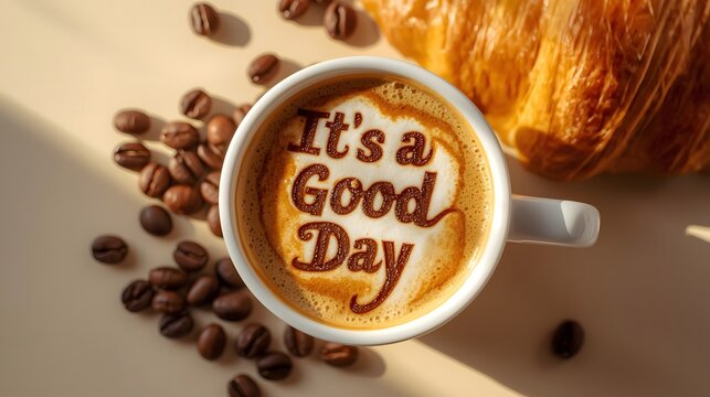 Morning coffee cup with motivational message and croissant creating positive breakfast mood - Powered by Adobe