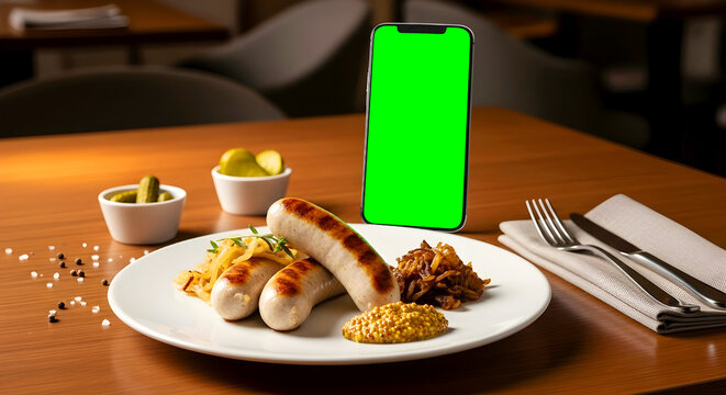Traditional Bavarian Wei&szlig;wurst Sausage with Mustard and Green Screen Phone &mdash; Sosis Putih Tradisional Bavaria dengan Mustard dan Layar Green Screen