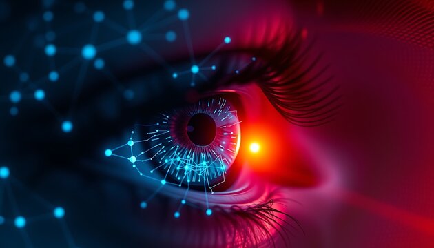 Abstract digital eye with blue network and red neon lighting technology futuristic