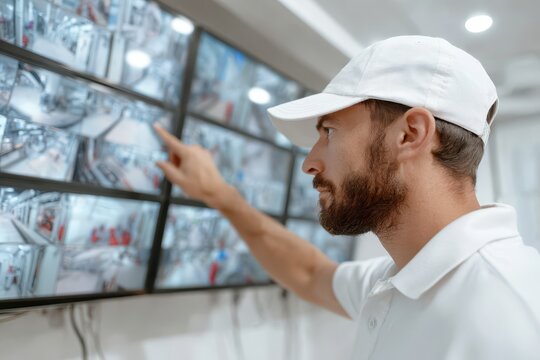Man monitoring a wall of security cameras in a control room, ensuring safety and managing security systems effectively in a modern environment with advanced technology