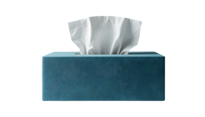 Blue Tissue Box with White Tissue on White Background
