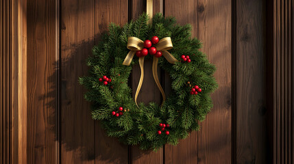 Christmas Wreath with Golden Ribbon on Wooden Door