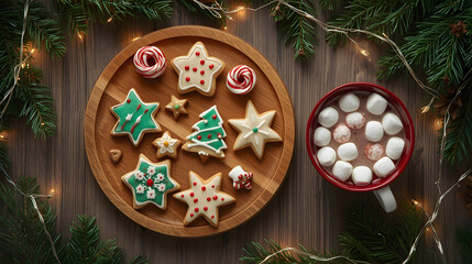 Christmas Cookies and Hot Chocolate on Wooden Table with Holiday Decorations