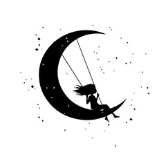 Girl on a moon swing amidst the stars a celestial dream.