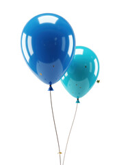 Large royal blue and smaller azure blue glossy balloons tied by brown string, golden star confetti, against a transparent background, soft lighting, creamy bokeh, Concept of elegant celebration