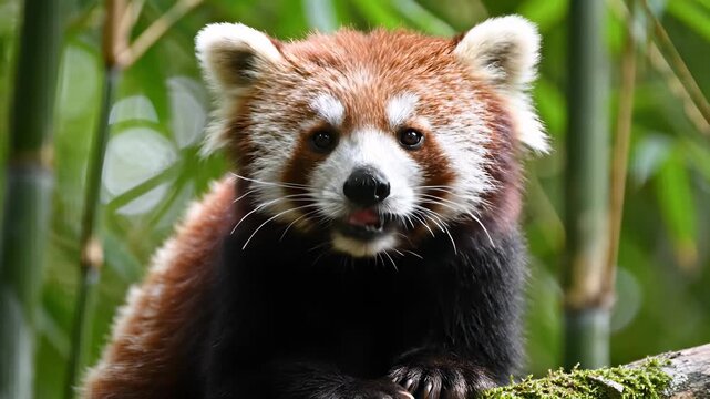 Red panda sitting attentively on a tree branch in a lush forest, perfectly capturing the concept of quiet contemplation and observation, inviting buyers to pause and reflect on their own pace of.