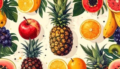 Assortment of fresh fruits pineapple, apple, papaya, banana, grapes