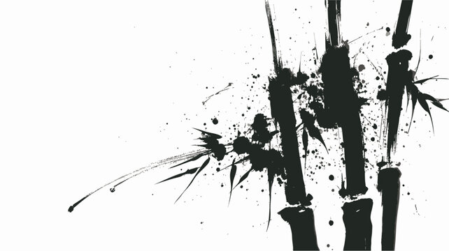 Japanese sumi-e bamboo ink illustration with expressive brushwork and artistic splatter effect on white background