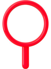 Red 3D magnifying glass isolated on transparent background, symbolizing search, focus, and discovery in modern design.
