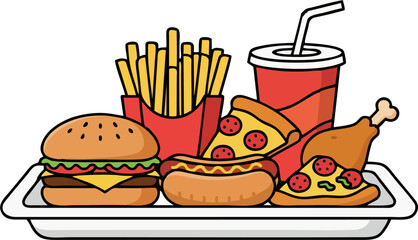 Cartoon Fast Food Tray with Burger, Fries, Pizza, Hot Dog, Chicken, and Soda Vector Illustration
