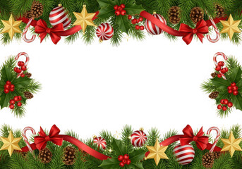Christmas garland border with ornaments isolated on transparent background