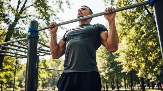 Man performing outdoor pull up exercise workout for strength and fitness in natural park setting