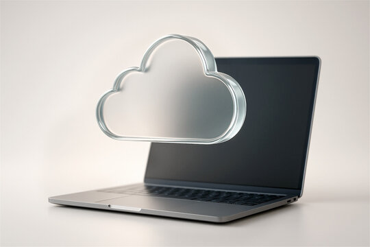 Modern laptop displaying a translucent cloud icon. Symbolizing cloud computing. Data storage. And network services for digital transformation and technological innovation in business and personal use