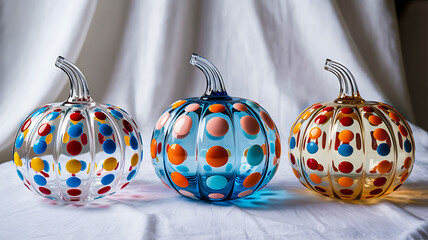 Colorful glass pumpkins with polka dots and clear stems placed on soft white fabric background for autumn decoration and festive display