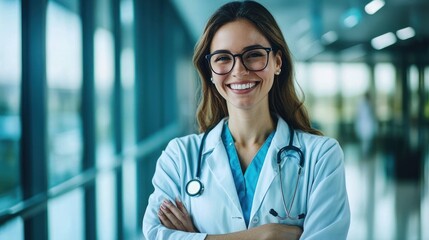 A smiling healthcare professional in a white coat with a stethoscope around her neck, standing in a hospital corridor.