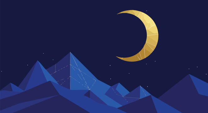 A beautiful golden crescent moon shines brightly over a serene, stylized landscape of geometric blue mountains under a dark night sky filled with tiny stars.