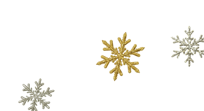 Intricate metallic gold, silver, pearlescent snowflakes gently falling against a transparent background with bokeh effect, luxurious winter holiday design.
