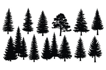 Obraz premium Collection of black pine and fir tree silhouettes on white background pine tree silhouette evergreen tree