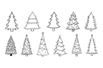 Obraz premium Collection of ten hand drawn black and white Christmas trees with varying decorations and styles