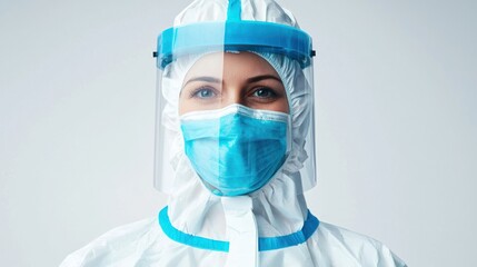 A healthcare worker in full PPE, including a face shield and mask, against a plain background.