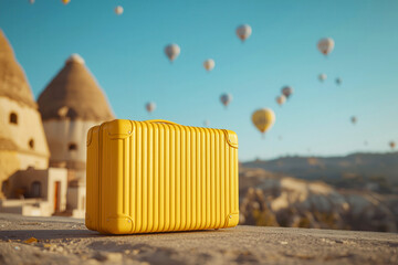 Yellow luggage baggage suitecase bag on the floor with beautiful balloon festival background landscape in travel trip