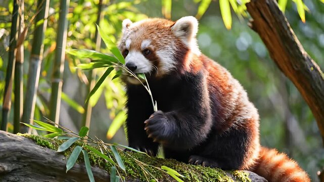 Red panda sitting peacefully on tree branch, munching leaves in serene natural environment, conveying sense of harmony with nature or importance of slowing down and appreciating simple things in.