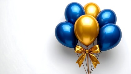 Bunch of shiny blue and gold balloons, tied with a golden bow