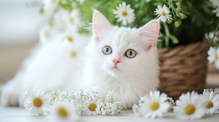 A white kitten with blue eyes and pink nose sitting among daisies and a basket.