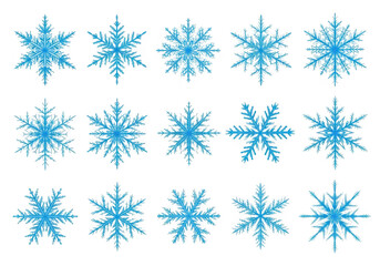 Collection of blue snowflakes isolated on transparent background