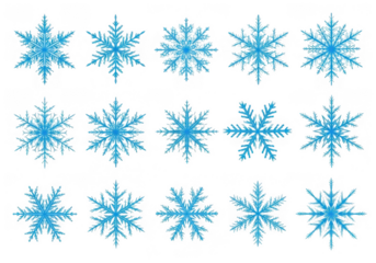 Collection of blue snowflakes isolated on transparent background