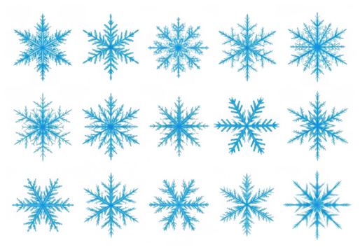 Collection of blue snowflakes isolated on transparent background