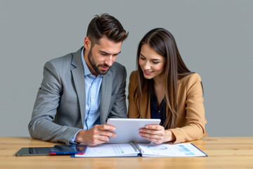 Two business people working together on tablet with documents and smartphone on wooden table, showing collaboration and focus