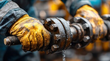 Worker's dirty hands tightening oil pipeline connection