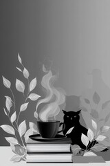 Black coffee cup with steam on books near silhouette cat with floral branches