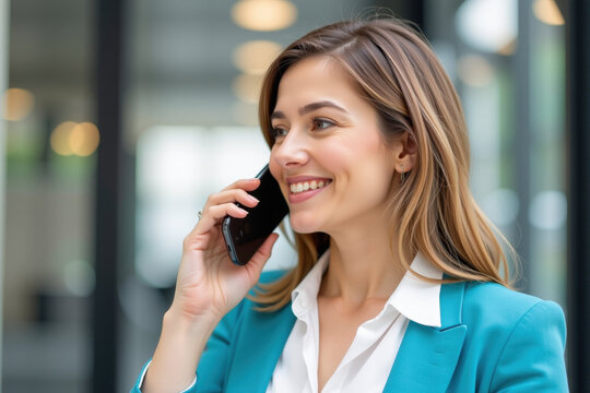 Smiling woman in blue blazer talking on smartphone in office environment with blurred background