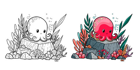 Cute Octopus on Underwater Rock with Seaweed - Line Art Coloring Page and Colored Vector Illustration 