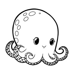 Cute Octopus on Underwater Rock with Seaweed - Line Art Coloring Page and Colored Vector Illustration 