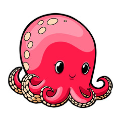 Cute Octopus on Underwater Rock with Seaweed - Line Art Coloring Page and Colored Vector Illustration 